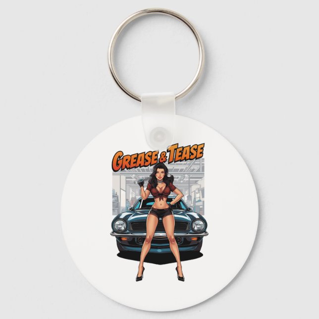 Grease & Tease – Hot Rod Pin-Up Girl Keychain (Front)