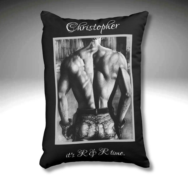 Great Back Guy in Tight Jeans Name Caption Black Accent Pillow (Awesome!)