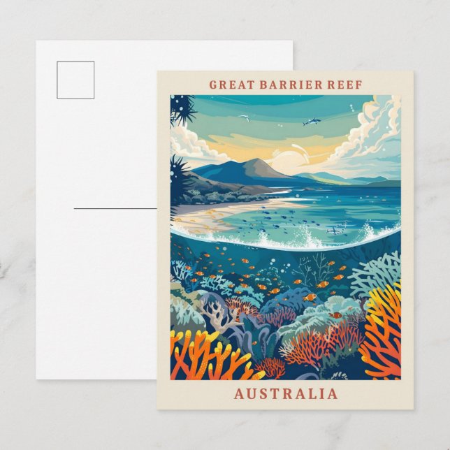 Great Barrier Reef Australia Art Vintage Travel Postcard (Front/Back)