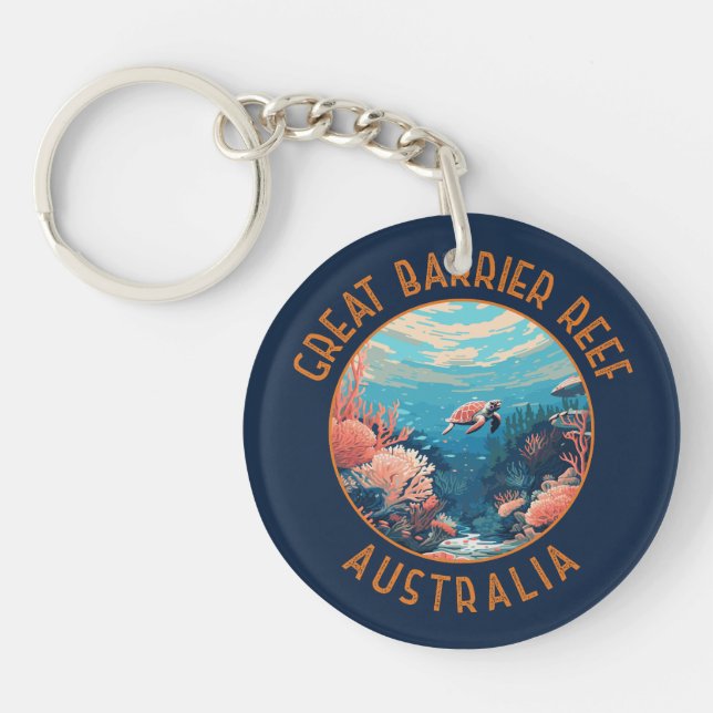Great Barrier Reef Australia Retro Distressed Art Keychain (Front)