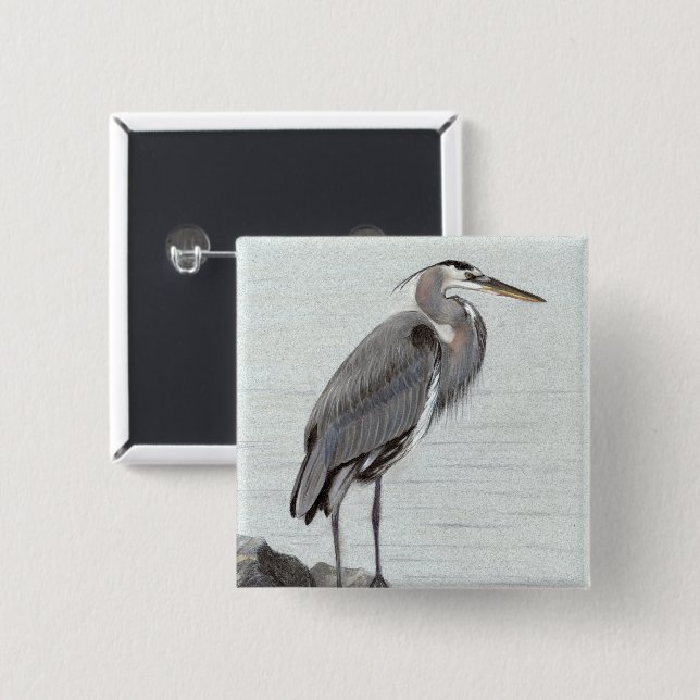 Great Blue Heron 2 Inch Square Button (Front & Back)