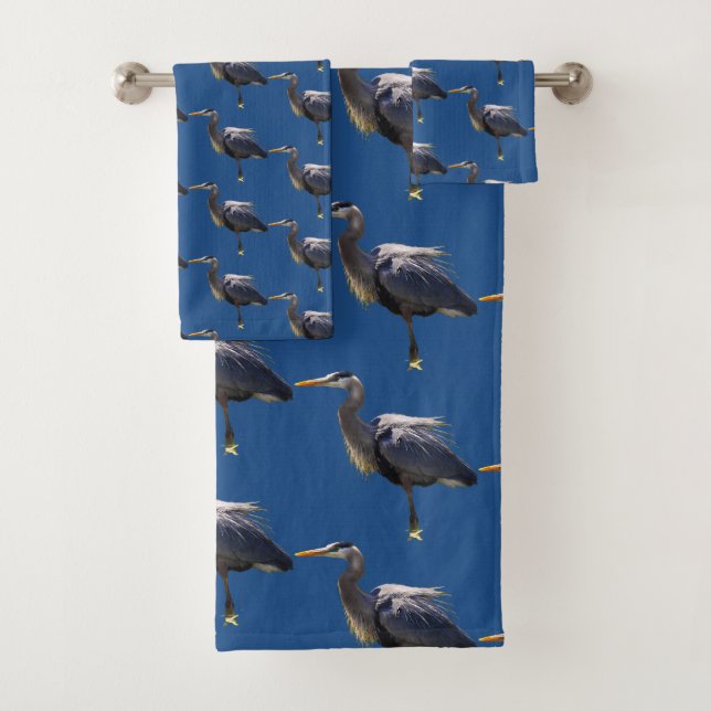 Great Blue Heron Bird Pattern Bath Towel Set (Insitu)
