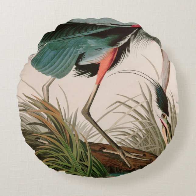 Great Blue Heron Birds of America Audubon Print Round Pillow (Front)