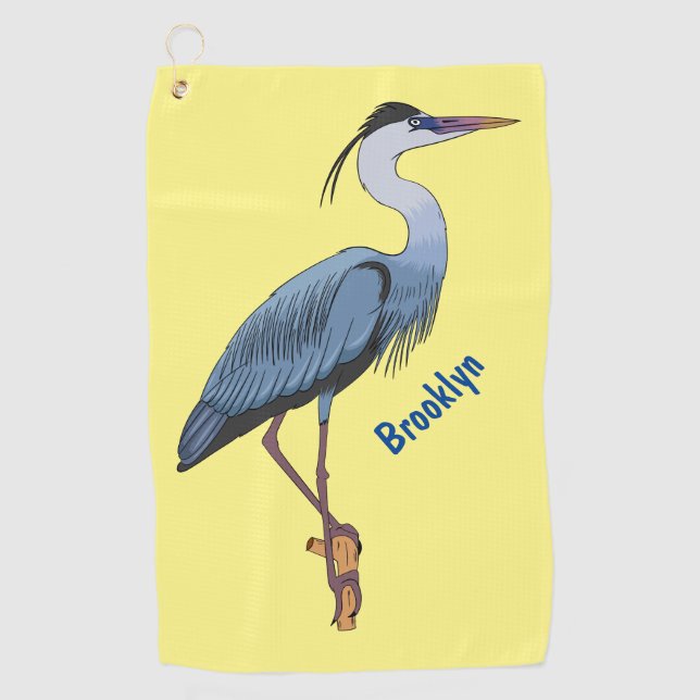 Great blue heron cartoon illustration  golf towel (Front)