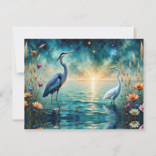 Great blue Heron & Egret flowers in water Postcard