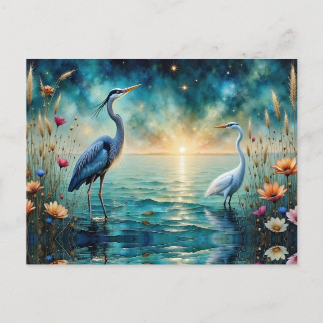 Great blue Heron & Egret flowers in water Postcard (Front)