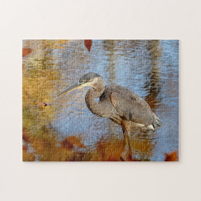 Great Blue Heron framed with fall foliage Jigsaw Puzzle (Horizontal)