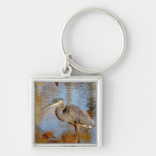 Great Blue Heron framed with fall foliage Keychain