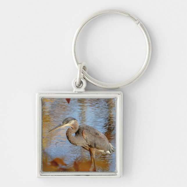 Great Blue Heron framed with fall foliage Keychain (Front)