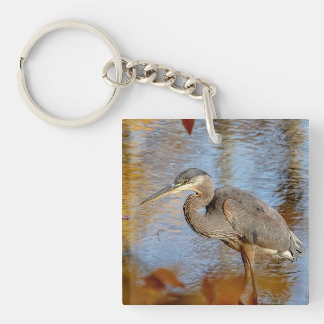 Great Blue Heron framed with fall foliage Keychain (Front)
