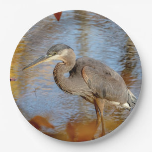 Great Blue Heron framed with fall foliage Paper Plate