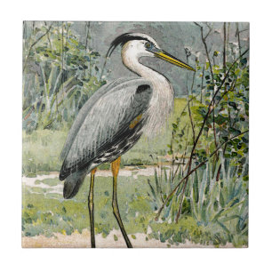 Great Blue Heron Illustration Tile
