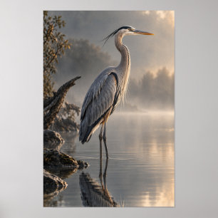 Great Blue Heron in Misty Water Wildlife Wall Art