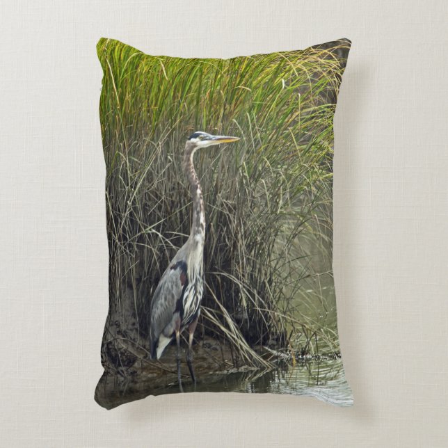 Great Blue Heron In Salt Marsh Decorative Pillow (Front(Vertical))
