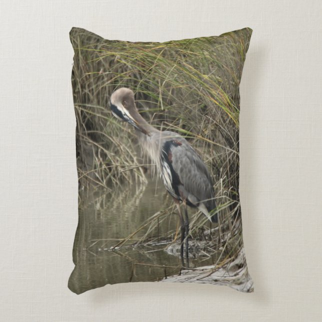 Great Blue Heron In Salt Marsh Decorative Pillow (Front(Vertical))