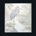 Great Blue Heron Notepad<br><div class="desc">This image is a painterly representation of a Great Blue Heron wading in a pond full of water lilies surrounded by willow trees. Great Blue Heron is an AI generated wildlife image of one of many species of wading birds.</div>