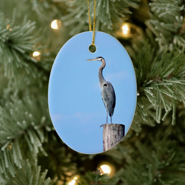 Great Blue Heron on Post  Ceramic Ornament (Tree)