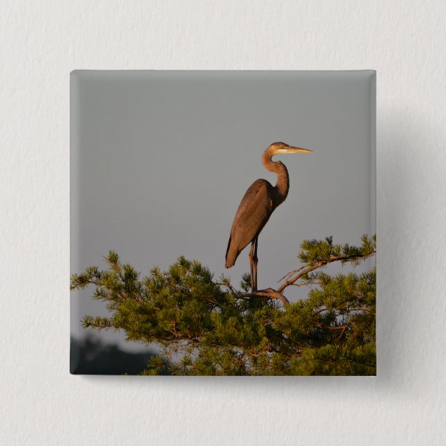 Great Blue Heron On Tree Top 2 Inch Square Button (Front)