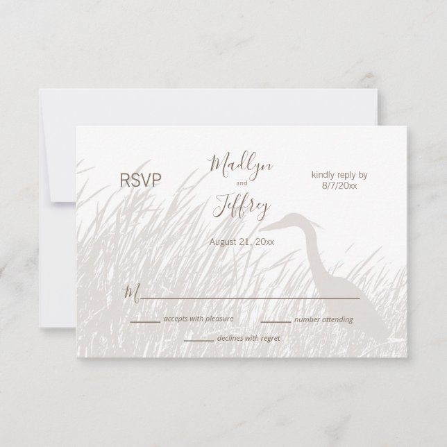 Great Blue Heron silhouette kayaker wedding RSVP Card (Front)