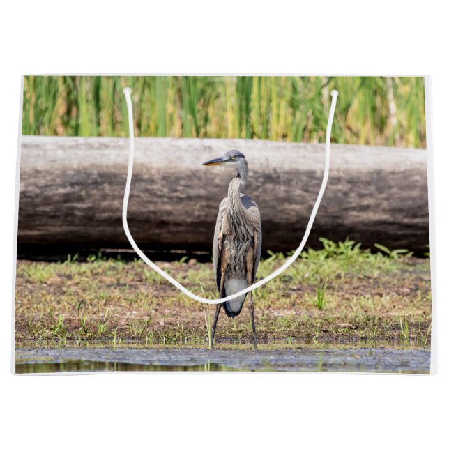 Great Blue Heron standing in Lake Champlain Large Gift Bag (Front)