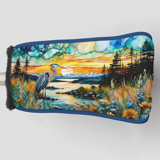 Great Blue Heron Sunset Wildflowers Landscape Golf Head Cover (Front)