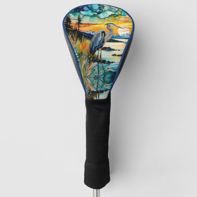 Great Blue Heron Sunset Wildflowers Landscape Golf Head Cover (Front)