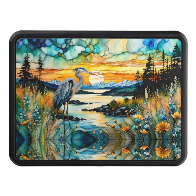 Great Blue Heron Sunset Wildflowers Landscape Trailer Hitch Cover (Front)
