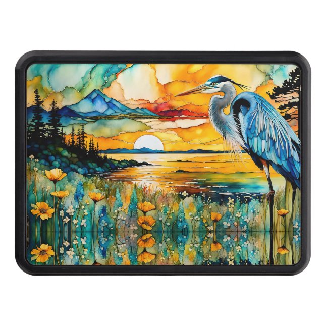 Great Blue Heron Sunset Wildflowers Water Trailer Hitch Cover (Front)