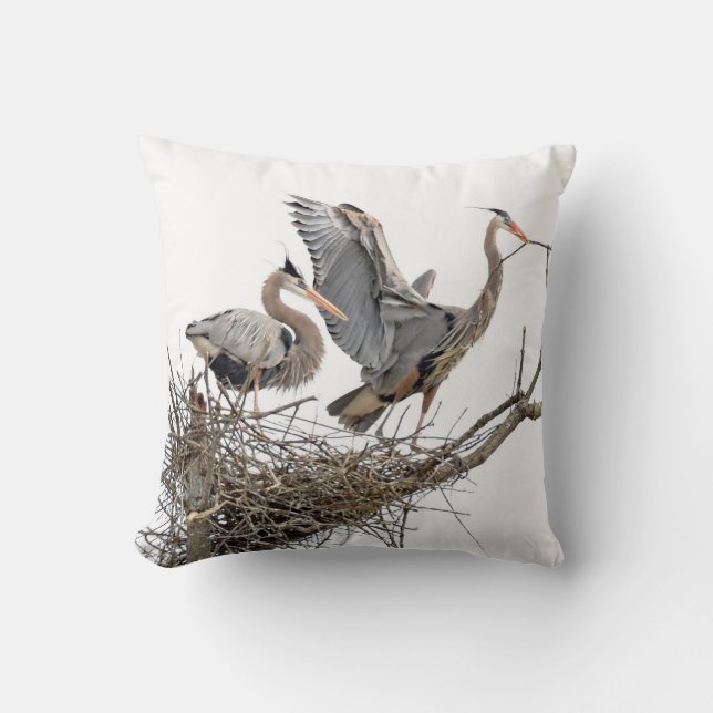 Great Blue Herons Building a Nest Throw Pillow (Front)