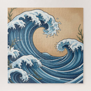 Great Blue Ocean Waves Japanese Style Jigsaw Puzzle