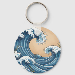 Great Blue Ocean Waves Japanese Style Keychain