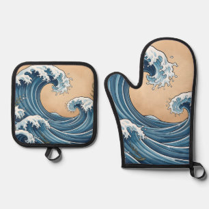 Great Blue Ocean Waves Japanese Style Oven Mitt & Pot Holder Set