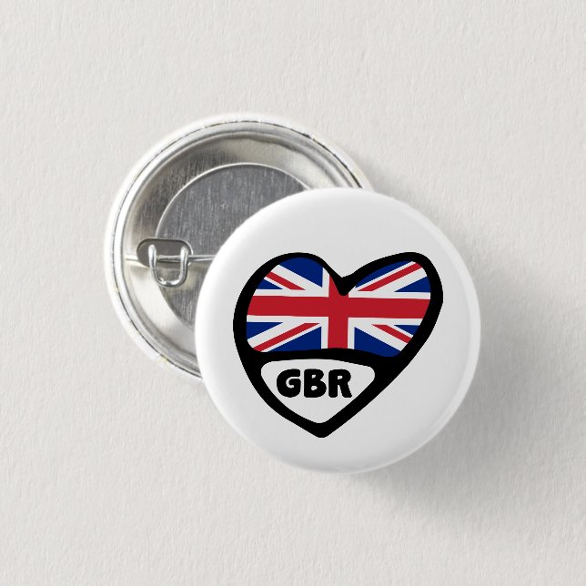Great Britain Country Code Flag Heart Badge, GBR 1 Inch Round Button (Front & Back)