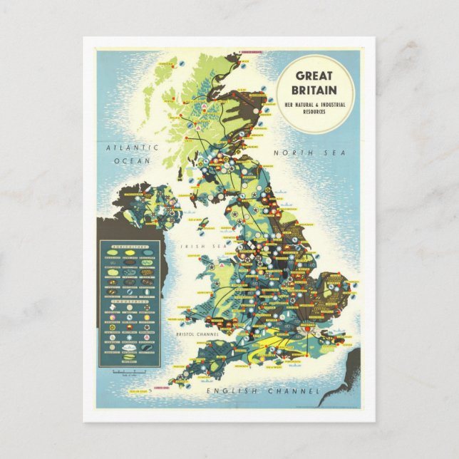 Great Britain Resources Map Vintage Postcard (Front)