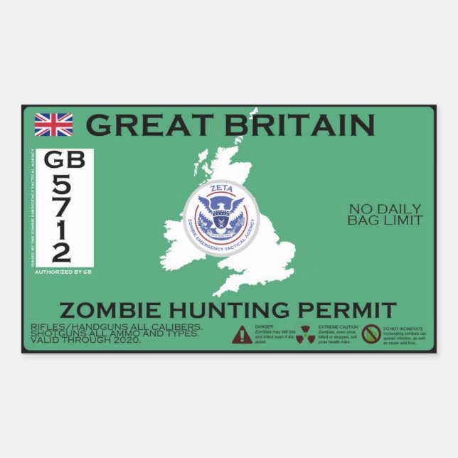Great Britain Zombie Hunting Permit Sticker (Front)