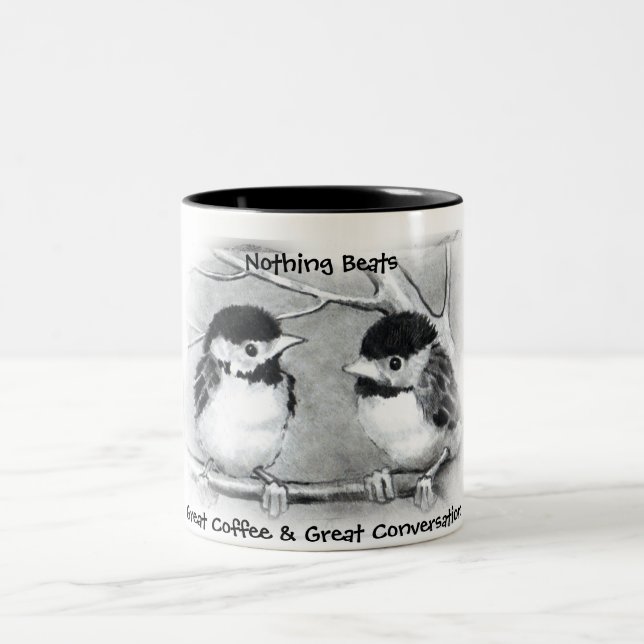 GREAT COFFEE, GREAT CONVERSATION CHICKADEE Two-Tone COFFEE MUG (Center)