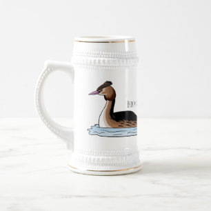Great crested grebe bird cartoon illustration beer stein