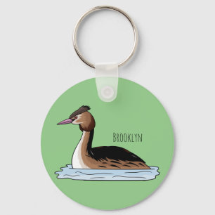 Great crested grebe bird cartoon illustration keychain