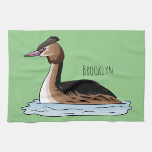 Great crested grebe bird cartoon illustration kitchen towel