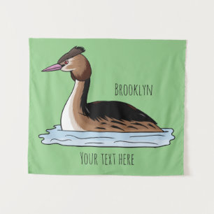 Great crested grebe bird cartoon illustration tapestry