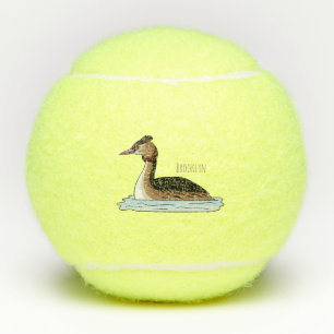 Great crested grebe bird cartoon illustration tennis balls