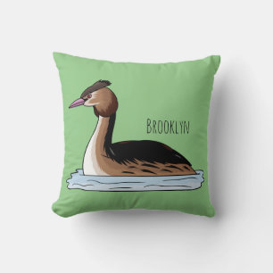 Great crested grebe bird cartoon illustration throw pillow