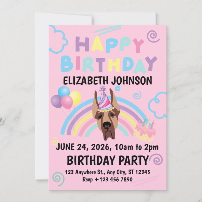 Great Dane Birthday Invitation in Pink (Front)