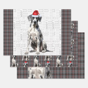 Great Dane Christmas Dog Red Gray Plaid Wrapping Paper Sheet