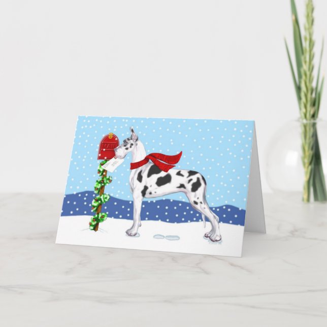 Great Dane Christmas Mail Harlequin Holiday Card (Front)