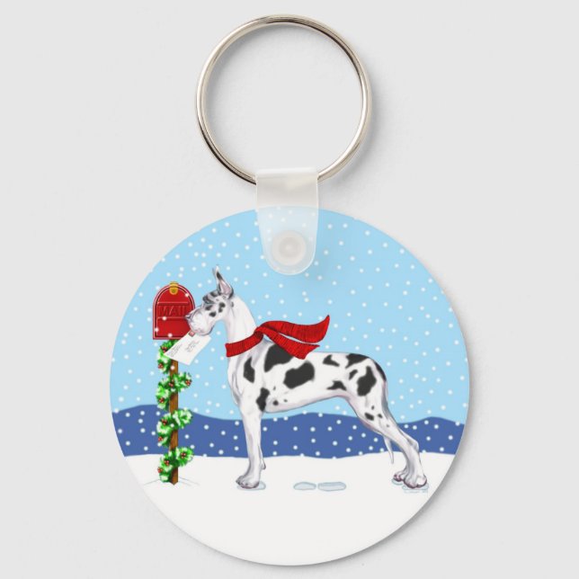 Great Dane Christmas Mail Harlequin Keychain (Front)