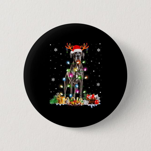 Great Dane Christmas Santa Hat Fairy Lights Pajama 2 Inch Round Button (Front)