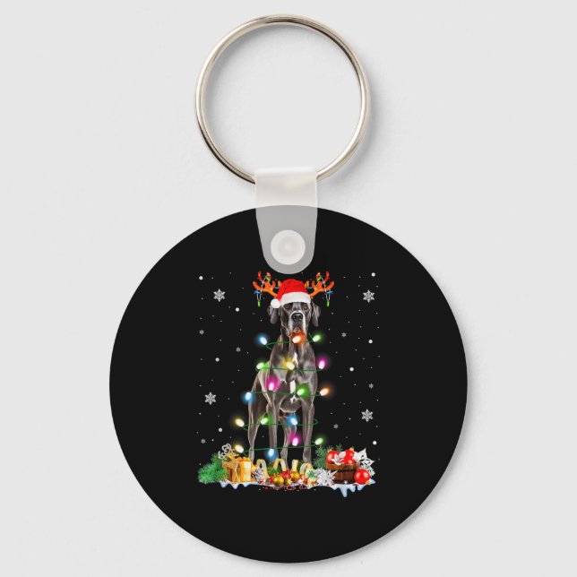 Great Dane Christmas Santa Hat Fairy Lights Pajama Keychain (Front)