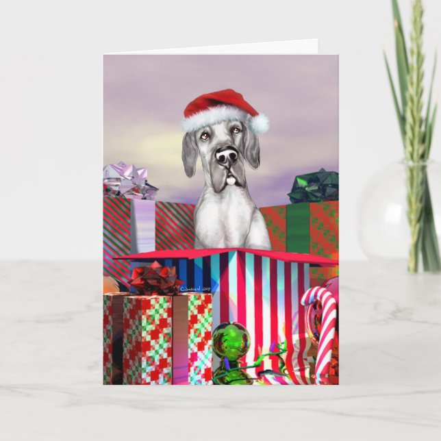 Great Dane Christmas Surprise Black UC Holiday Card (Front)