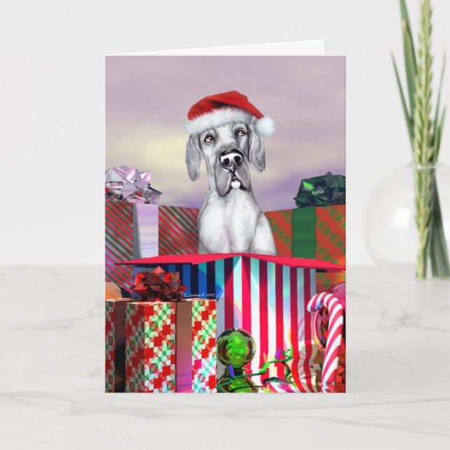 Great Dane Christmas Surprise Blue UC Holiday Card (Front)